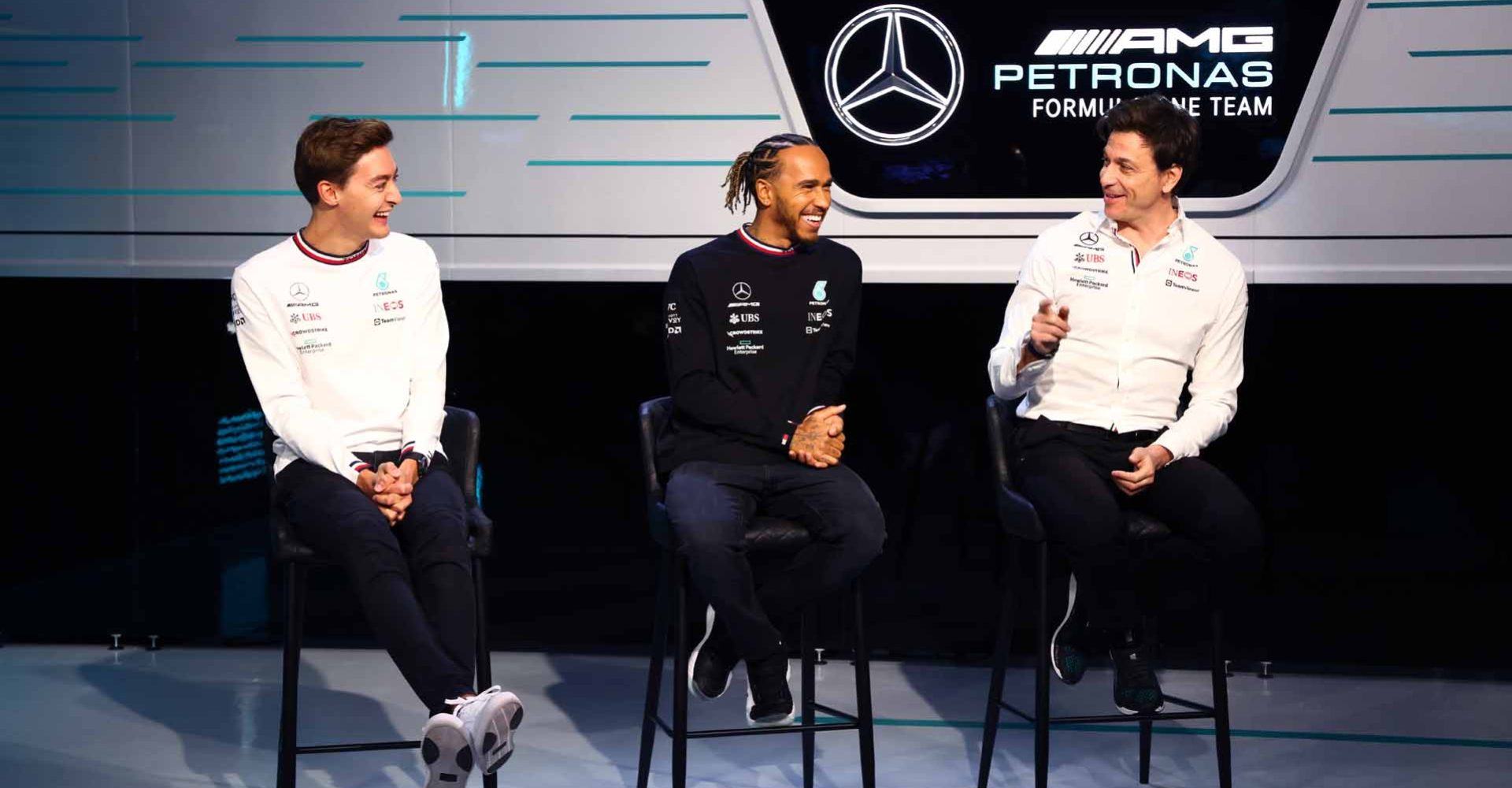 Mercedes-AMG F1 W13 E Performance Launch - Steve Etherington George Russell Lewis Hamilton Toto Wolff