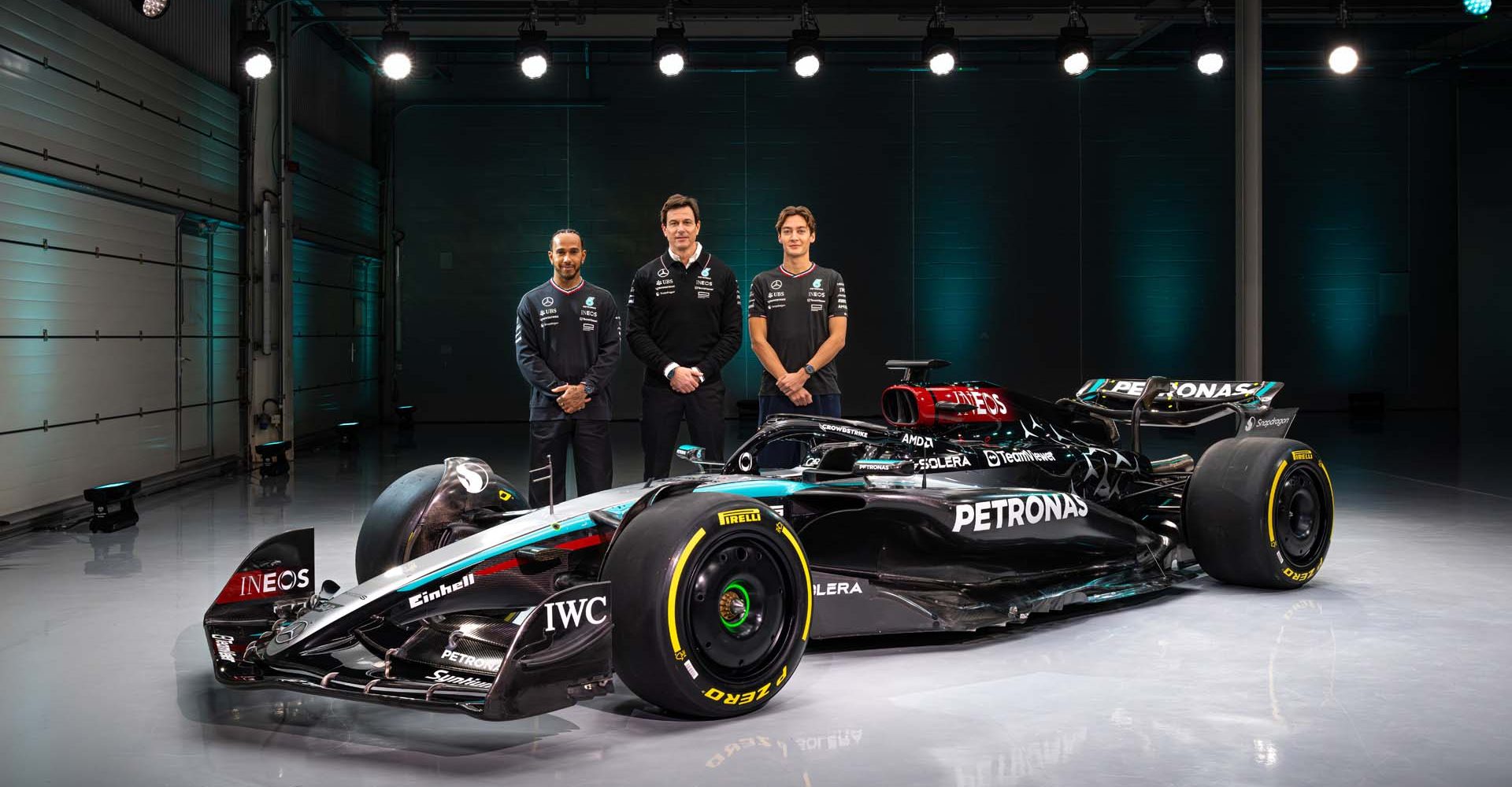 Mercedes-AMG F1 W15 E Performance Launch - Finn Pomeroy Lewis Hamilton Toto Wolff Mercedes George Russell