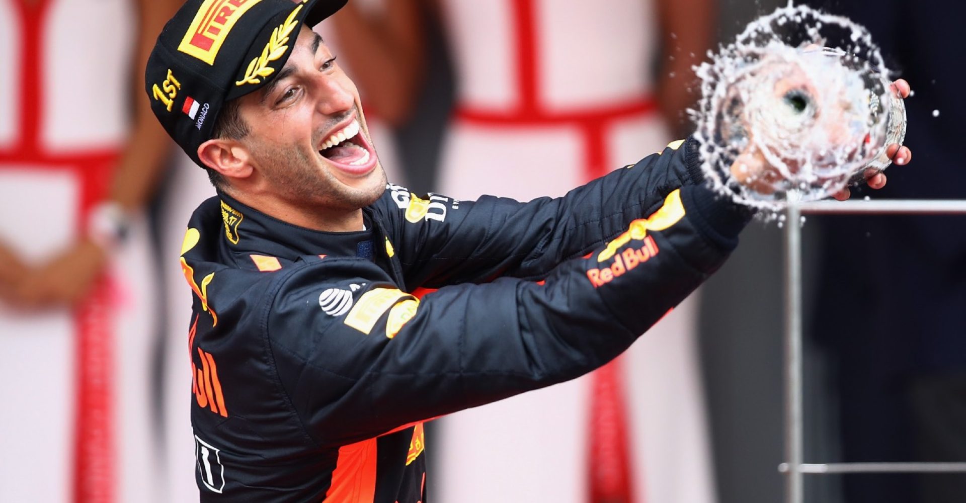 MONTE-CARLO, MONACO - MAY 27:  Race winner Daniel Ricciardo of Australia and Red Bull Racing celebrates on the podium during the Monaco Formula One Grand Prix at Circuit de Monaco on May 27, 2018 in Monte-Carlo, Monaco.  (Photo by Mark Thompson/Getty Images)