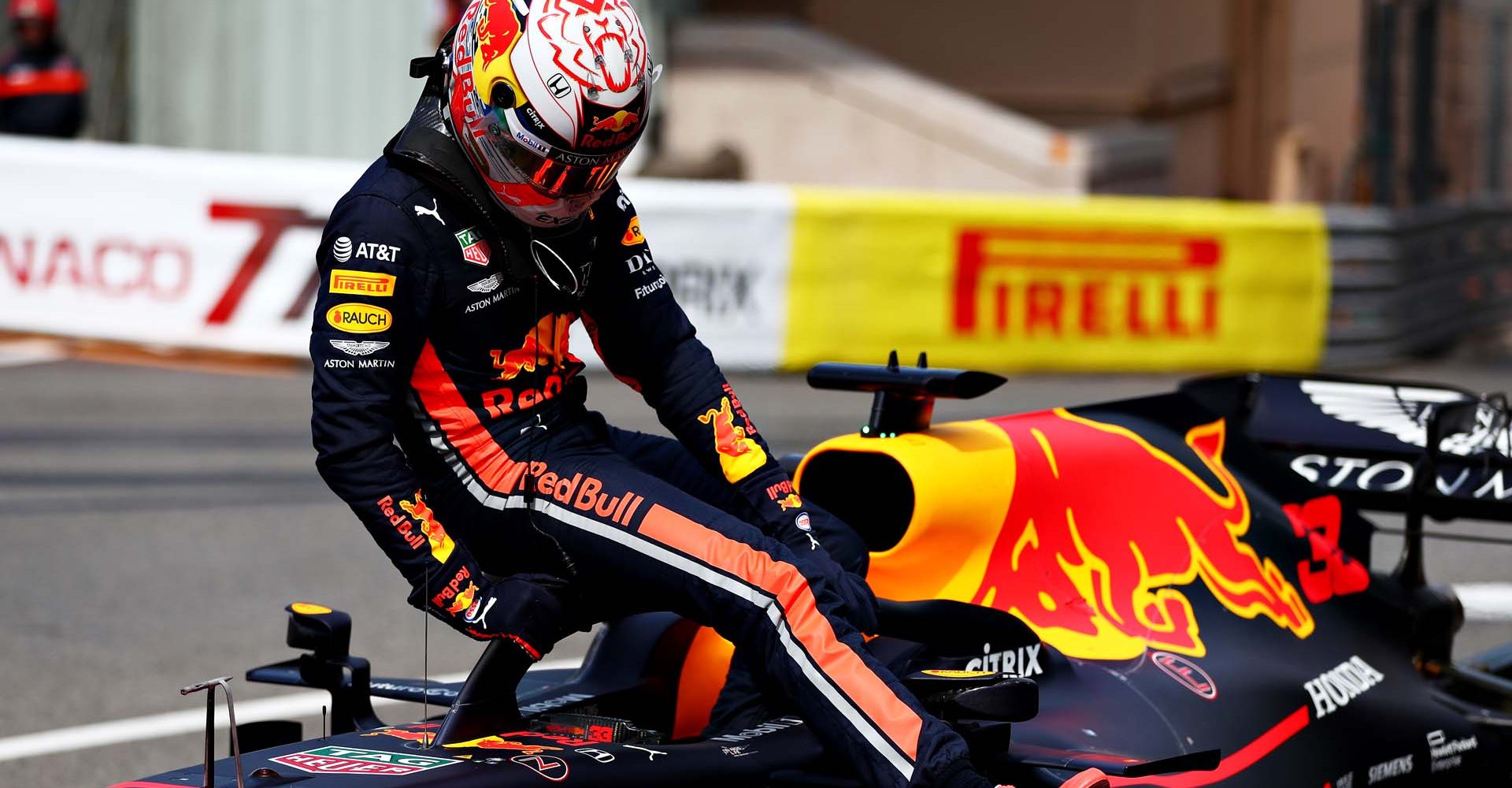 MONTE-CARLO, MONACO - MAY 25: Third place qualifier Max Verstappen of Netherlands and Red Bull Racing climbs from his car in parc ferme during qualifying for the F1 Grand Prix of Monaco at Circuit de Monaco on May 25, 2019 in Monte-Carlo, Monaco. (Photo by Dan Istitene/Getty Images) // Getty Images / Red Bull Content Pool  // AP-1ZEPYHAND2111 // Usage for editorial use only // Please go to www.redbullcontentpool.com for further information. //