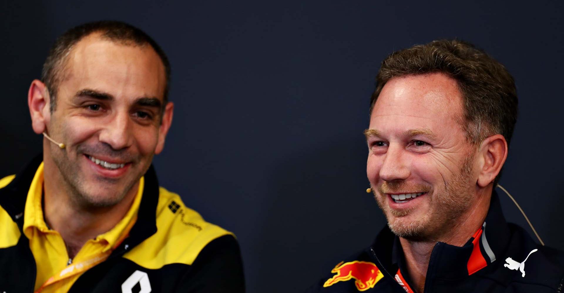 MONTE-CARLO, MONACO - MAY 23: Red Bull Racing Team Principal Christian Horner and Renault Sport F1 Managing Director Cyril Abiteboul talk in the Team Principals Press Conference during practice for the F1 Grand Prix of Monaco at Circuit de Monaco on May 23, 2019 in Monte-Carlo, Monaco. (Photo by Mark Thompson/Getty Images) // Getty Images / Red Bull Content Pool  // AP-1ZE1K5NWW2511 // Usage for editorial use only // Please go to www.redbullcontentpool.com for further information. //