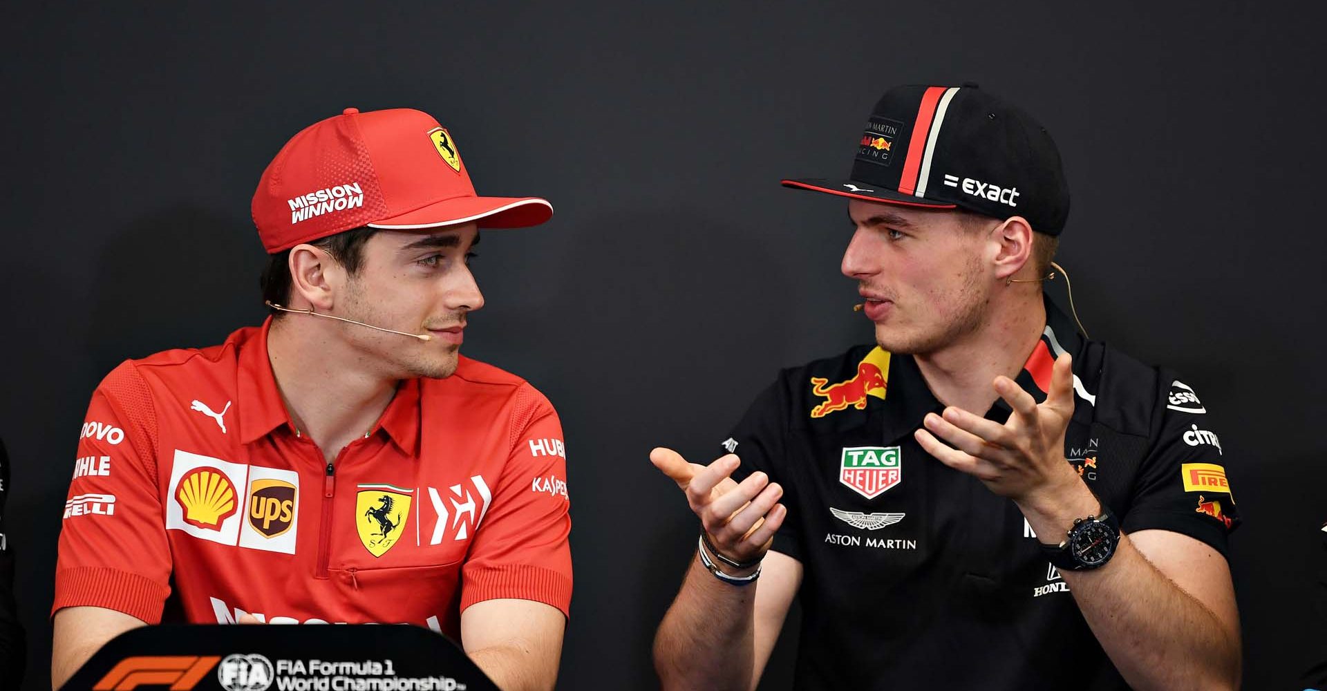 MONTE-CARLO, MONACO - MAY 22: Charles Leclerc of Monaco and Ferrari and Max Verstappen of Netherlands and Red Bull Racing talk in the Drivers Press Conference during previews for the F1 Grand Prix of Monaco at Circuit de Monaco on May 22, 2019 in Monte-Carlo, Monaco. (Photo by Michael Regan/Getty Images) // Getty Images / Red Bull Content Pool  // AP-1ZDQFYXYS2111 // Usage for editorial use only // Please go to www.redbullcontentpool.com for further information. //