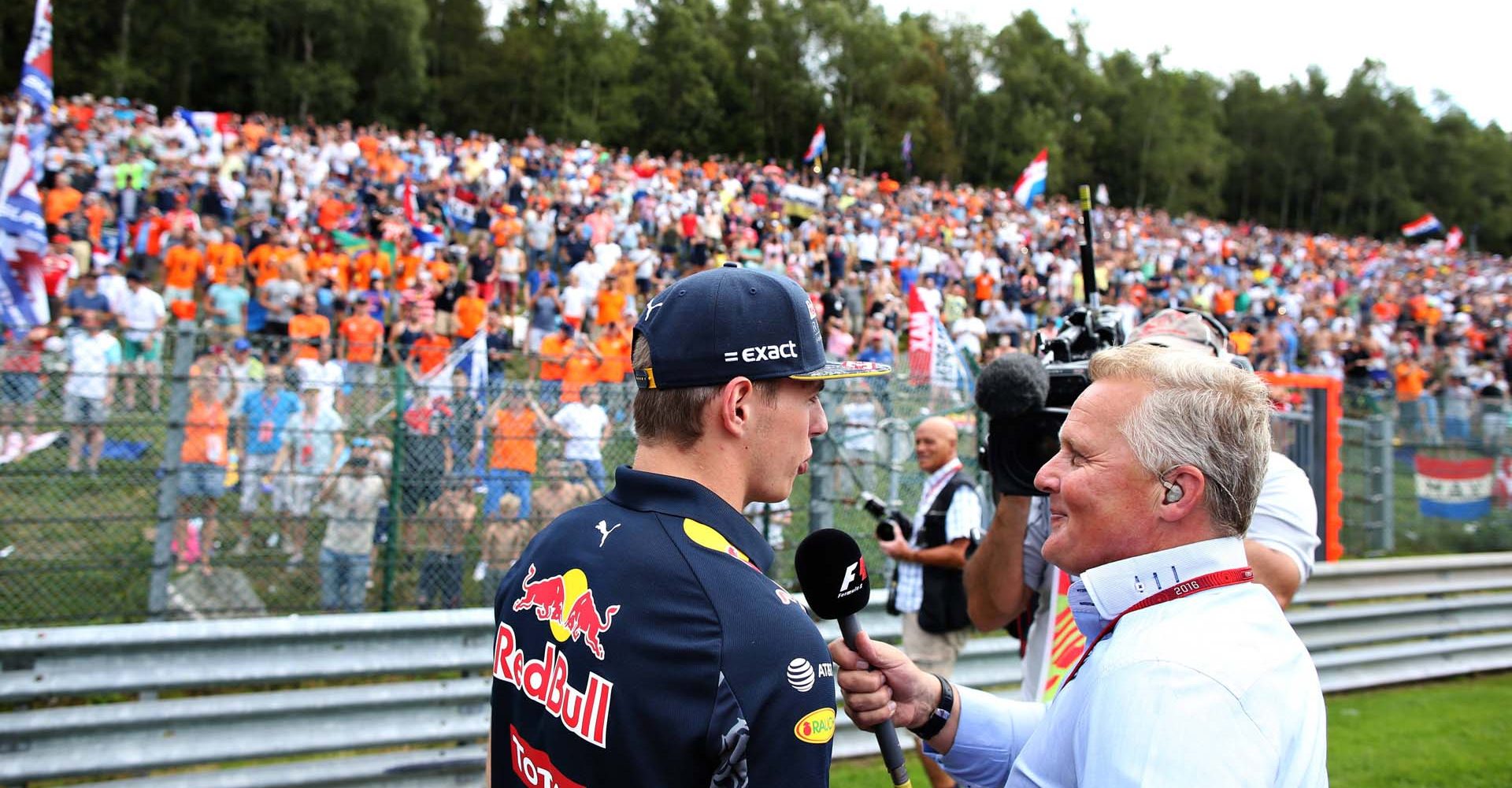 SPA, BELGIUM - AUGUST 28:  Max Verstappen of Netherlands and Red Bull Racing talks to former racer and Sky Sports F1 pundit Johnny Herbert on the drivers parade before the Formula One Grand Prix of Belgium at Circuit de Spa-Francorchamps on August 28, 2016 in Spa, Belgium  (Photo by Charles Coates/Getty Images) // Getty Images / Red Bull Content Pool // SI201608280299 // Usage for editorial use only //