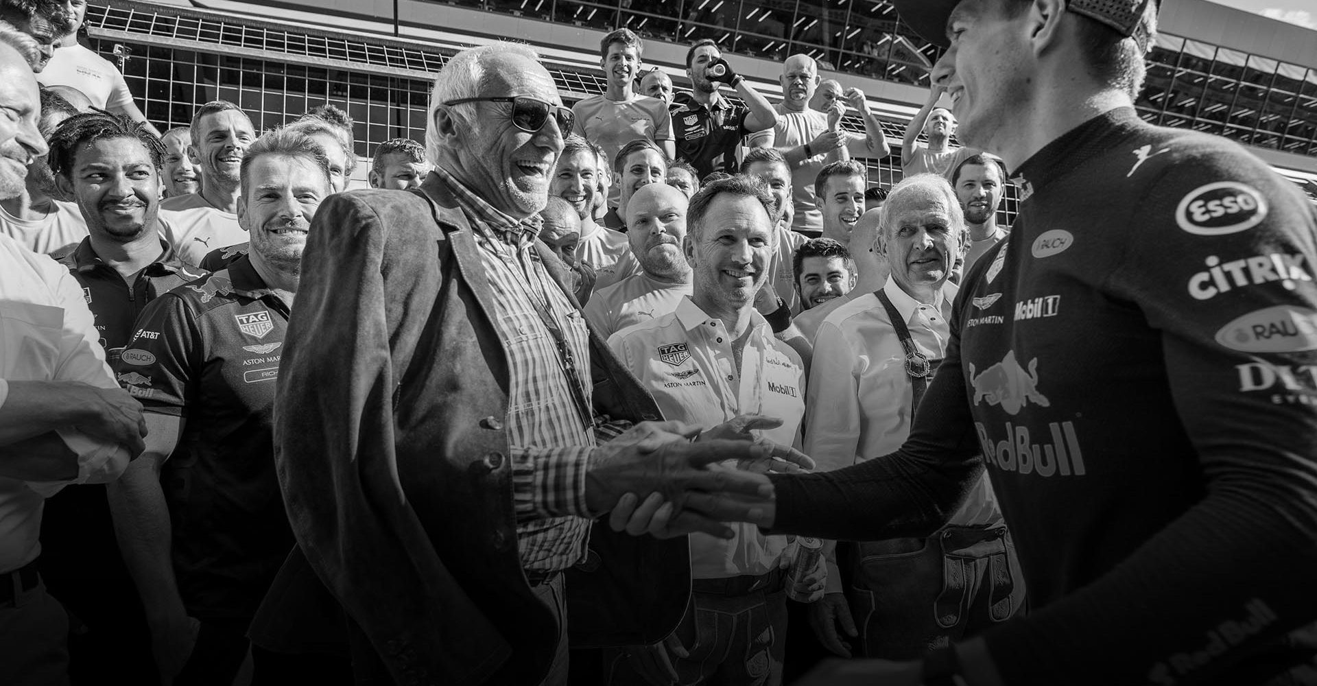 SPIELBERG, AUSTRIA - JULY 01:  Max Verstappen of Red Bull Racing and The Netherlands with Dietrich Mateschitz of Red Bull Racing and Austria during the Formula One Grand Prix of Austria at Red Bull Ring on July 1, 2018 in Spielberg, Austria.  (Photo by Peter Fox/Getty Images)