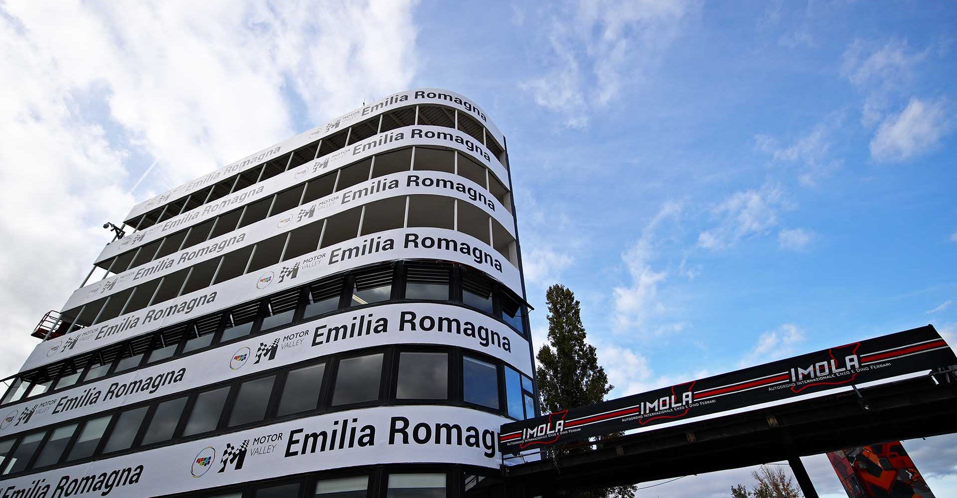 IMOLA, ITALY - OCTOBER 29: A general view of track buildings during previews ahead of the F1 Grand Prix of Emilia Romagna at Autodromo Enzo e Dino Ferrari on October 29, 2020 in Imola, Italy. Red Bull Racing (Photo by Mark Thompson/Getty Images)