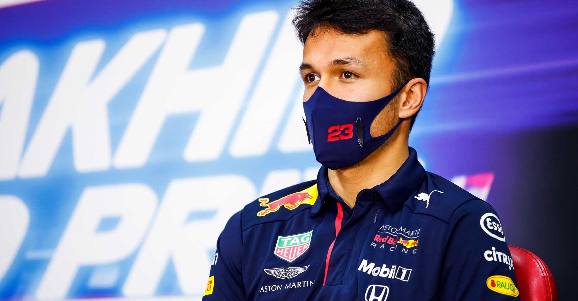 BAHRAIN, BAHRAIN - DECEMBER 03: Alexander Albon of Thailand and Red Bull Racing talks in the Drivers Press Conference during previews ahead of the F1 Grand Prix of Sakhir at Bahrain International Circuit on December 03, 2020 in Bahrain, Bahrain. (Photo by Florent Gooden - Pool/Getty Images)