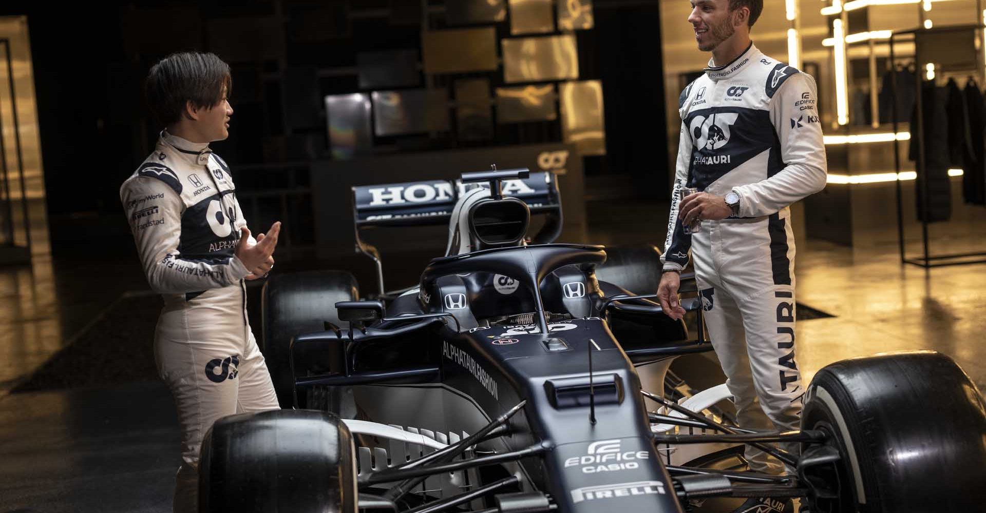 Yuki Tsunoda of Japan and Pierre Gasly of France seen during the Suderia AlphaTauri AT02 Livery Reveal 2021 - Fashion meets Formula 1 in Salzburg, Austria on February 15, 2021. // Joerg Mitter / Red Bull Content Pool // SI202102180169 // Usage for editorial use only //