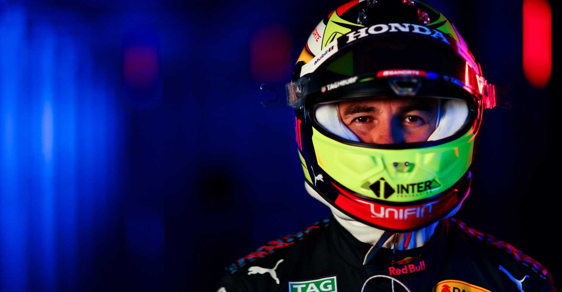 NORTHAMPTON, ENGLAND - FEBRUARY 24: Sergio Perez of Mexico and Red Bull Racing poses for a photo during the Red Bull Racing Filming Day at Silverstone on February 24, 2021 in Northampton, England. (Photo by Dan Istitene/Getty Images for Red Bull Racing)