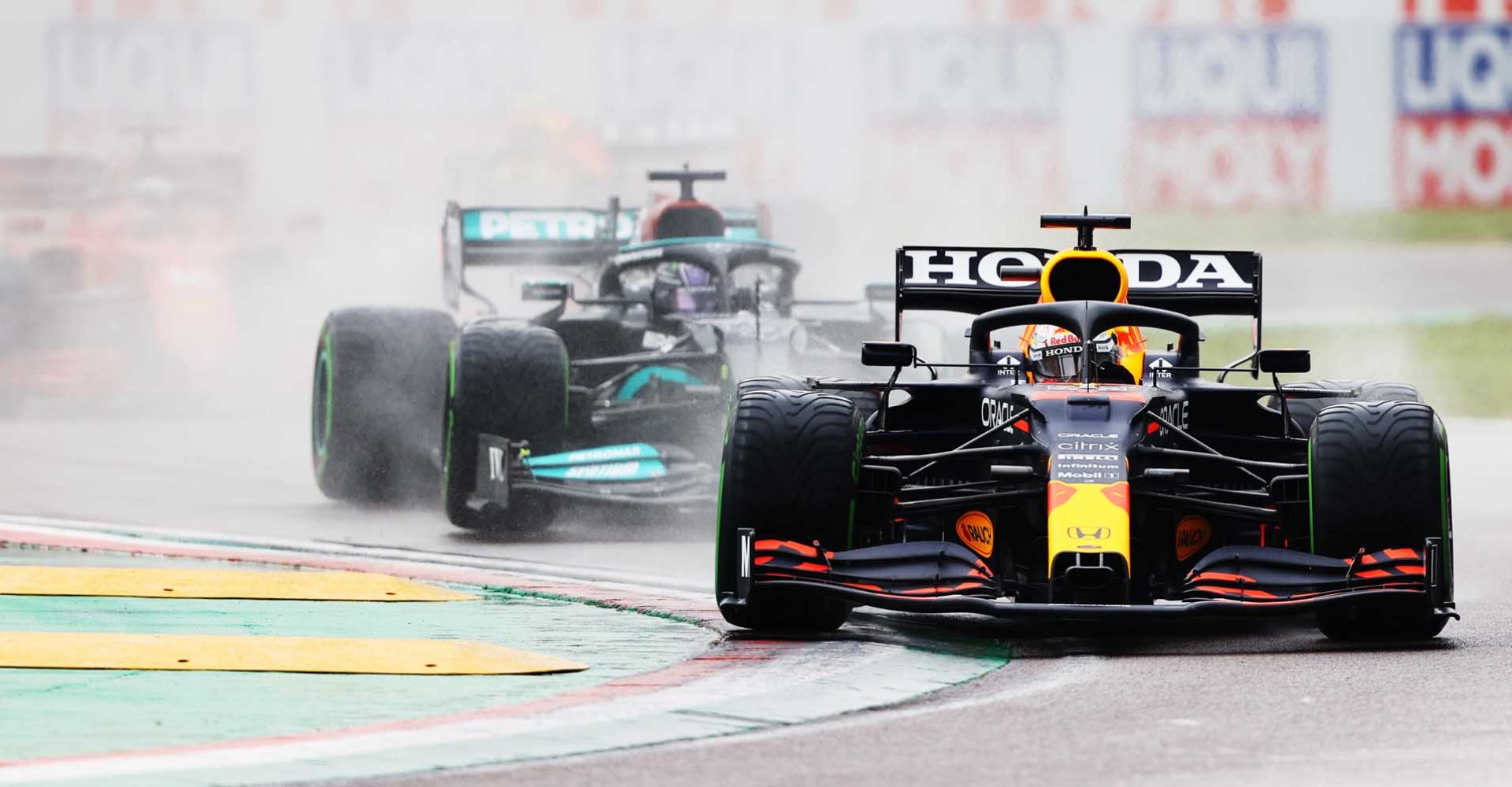 IMOLA, ITALY - APRIL 18: Max Verstappen of the Netherlands driving the (33) Red Bull Racing RB16B Honda on track during the F1 Grand Prix of Emilia Romagna at Autodromo Enzo e Dino Ferrari on April 18, 2021 in Imola, Italy. (Photo by Bryn Lennon/Getty Images)