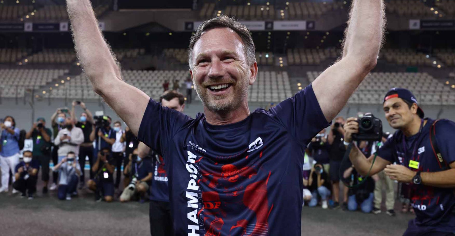 ABU DHABI, UNITED ARAB EMIRATES - DECEMBER 12: Red Bull Racing Team Principal Christian Horner celebrates after the F1 Grand Prix of Abu Dhabi at Yas Marina Circuit on December 12, 2021 in Abu Dhabi, United Arab Emirates. (Photo by Mark Thompson/Getty Images)