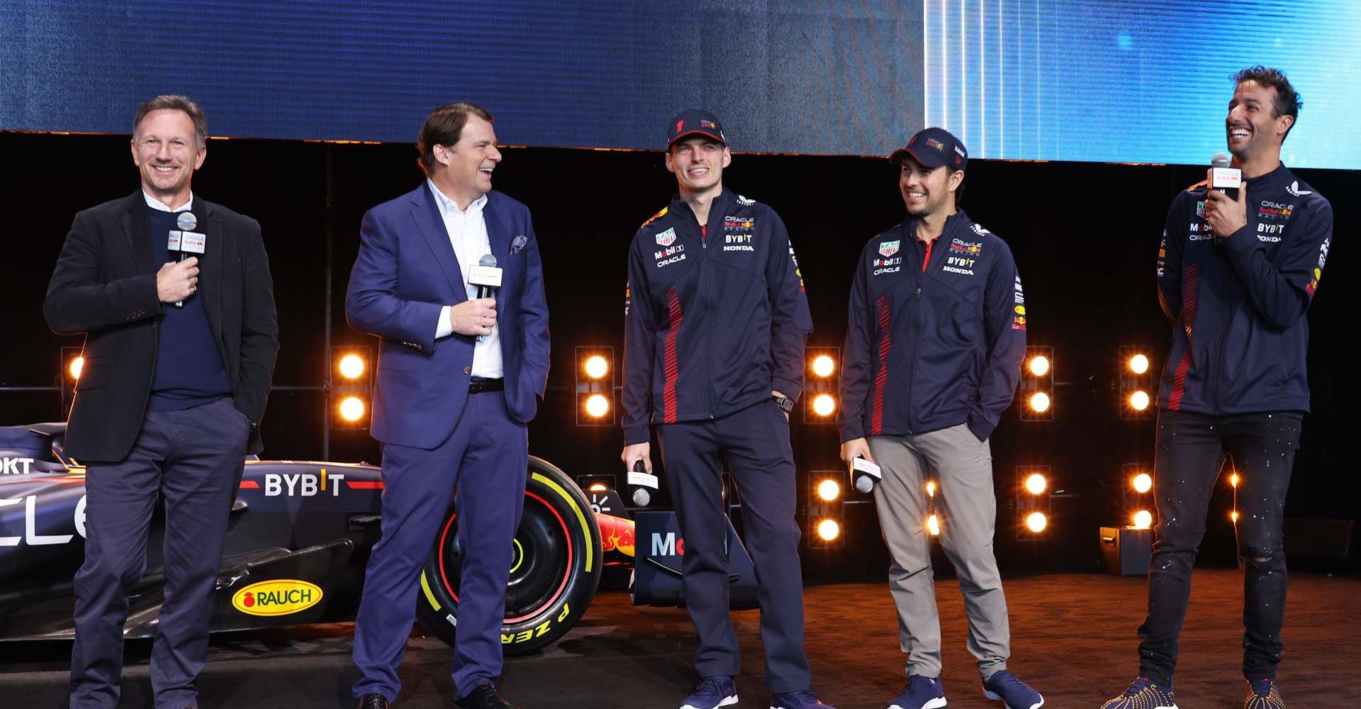 NEW YORK, NEW YORK - FEBRUARY 03: Red Bull Racing Team Principal Christian Horner, Jim Farley, CEO of Ford, Max Verstappen of the Netherlands and Oracle Red Bull Racing, Sergio Perez of Mexico and Oracle Red Bull Racing and Daniel Ricciardo of Australia and Oracle Red Bull Racing talk on stage during the Oracle Red Bull Racing Season Launch 2023 at Classic Car Club Manhattan on February 03, 2023 in New York City. (Photo by Mike Coppola/Getty Images for Oracle Red Bull Racing) // FIA / Getty Images / Red Bull Content Pool // SI202302030504 // Usage for editorial use only //