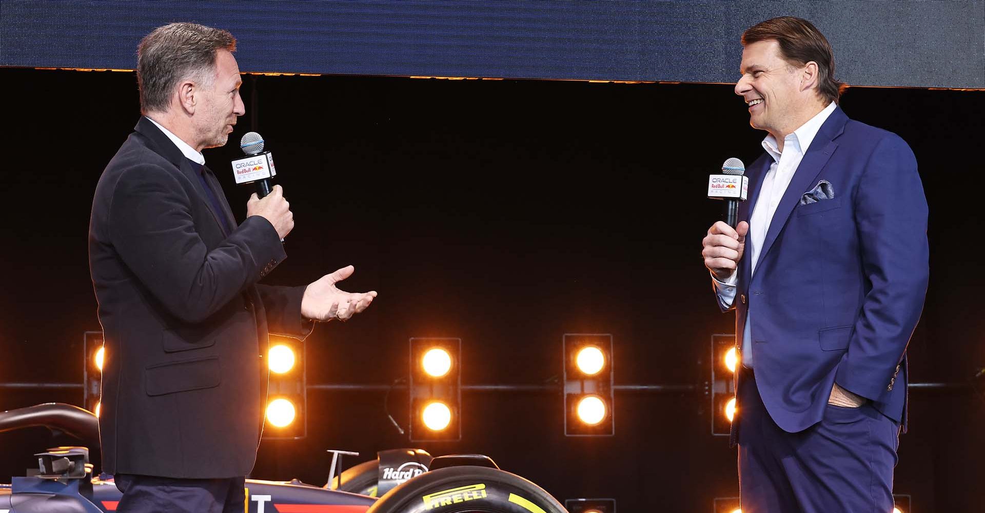 NEW YORK, NEW YORK - FEBRUARY 03: Red Bull Racing Team Principal Christian Horner and Jim Farley, CEO of Ford talk on stage during the Oracle Red Bull Racing Season Launch 2023 at Classic Car Club Manhattan on February 03, 2023 in New York City. (Photo by Mike Coppola/Getty Images for Oracle Red Bull Racing) // FIA / Getty Images / Red Bull Content Pool // SI202302030512 // Usage for editorial use only //