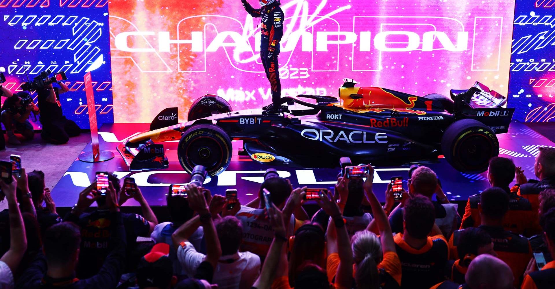 LUSAIL CITY, QATAR - OCTOBER 07: 2023 F1 World Drivers Champion Max Verstappen of the Netherlands and Oracle Red Bull Racing celebrates on his car in parc ferme after the Sprint ahead of the F1 Grand Prix of Qatar at Lusail International Circuit on October 07, 2023 in Lusail City, Qatar. (Photo by Clive Rose/Getty Images) // Getty Images / Red Bull Content Pool // SI202310070490 // Usage for editorial use only //