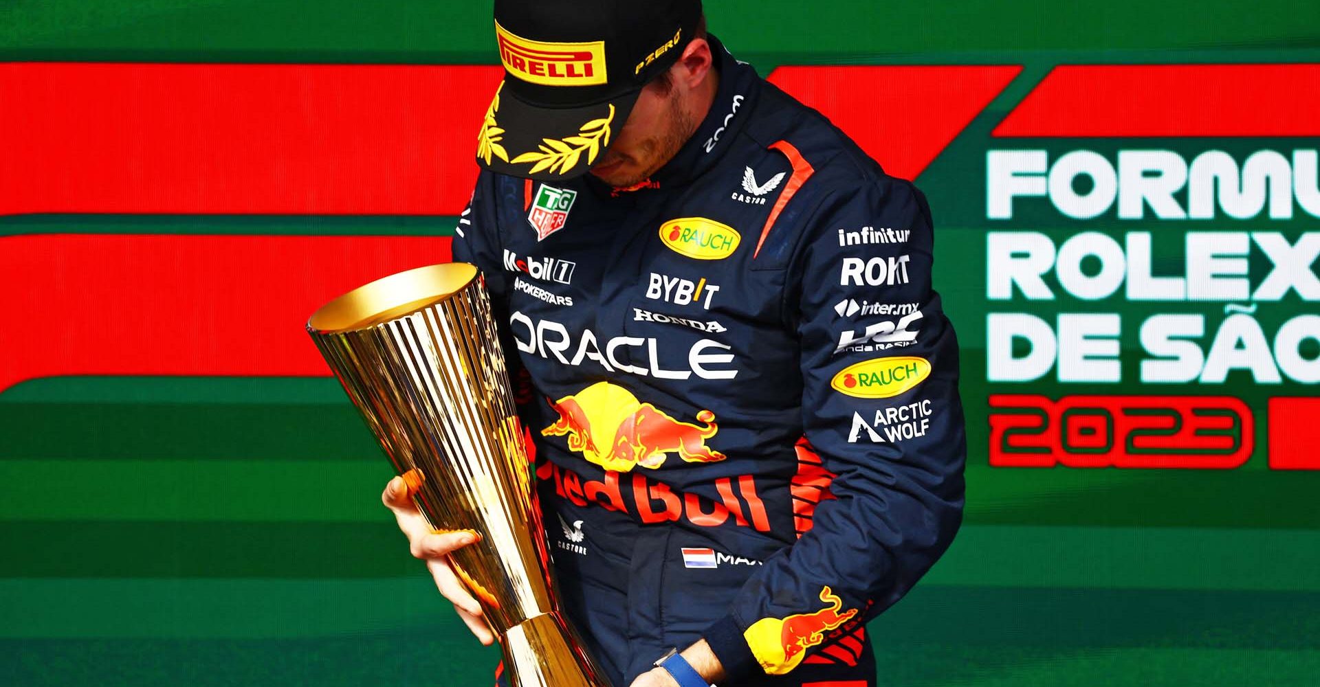 SAO PAULO, BRAZIL - NOVEMBER 05: Race winner Max Verstappen of the Netherlands and Oracle Red Bull Racing celebrates on the podium during the F1 Grand Prix of Brazil at Autodromo Jose Carlos Pace on November 05, 2023 in Sao Paulo, Brazil. (Photo by Mark Thompson/Getty Images) // Getty Images / Red Bull Content Pool // SI202311050662 // Usage for editorial use only //