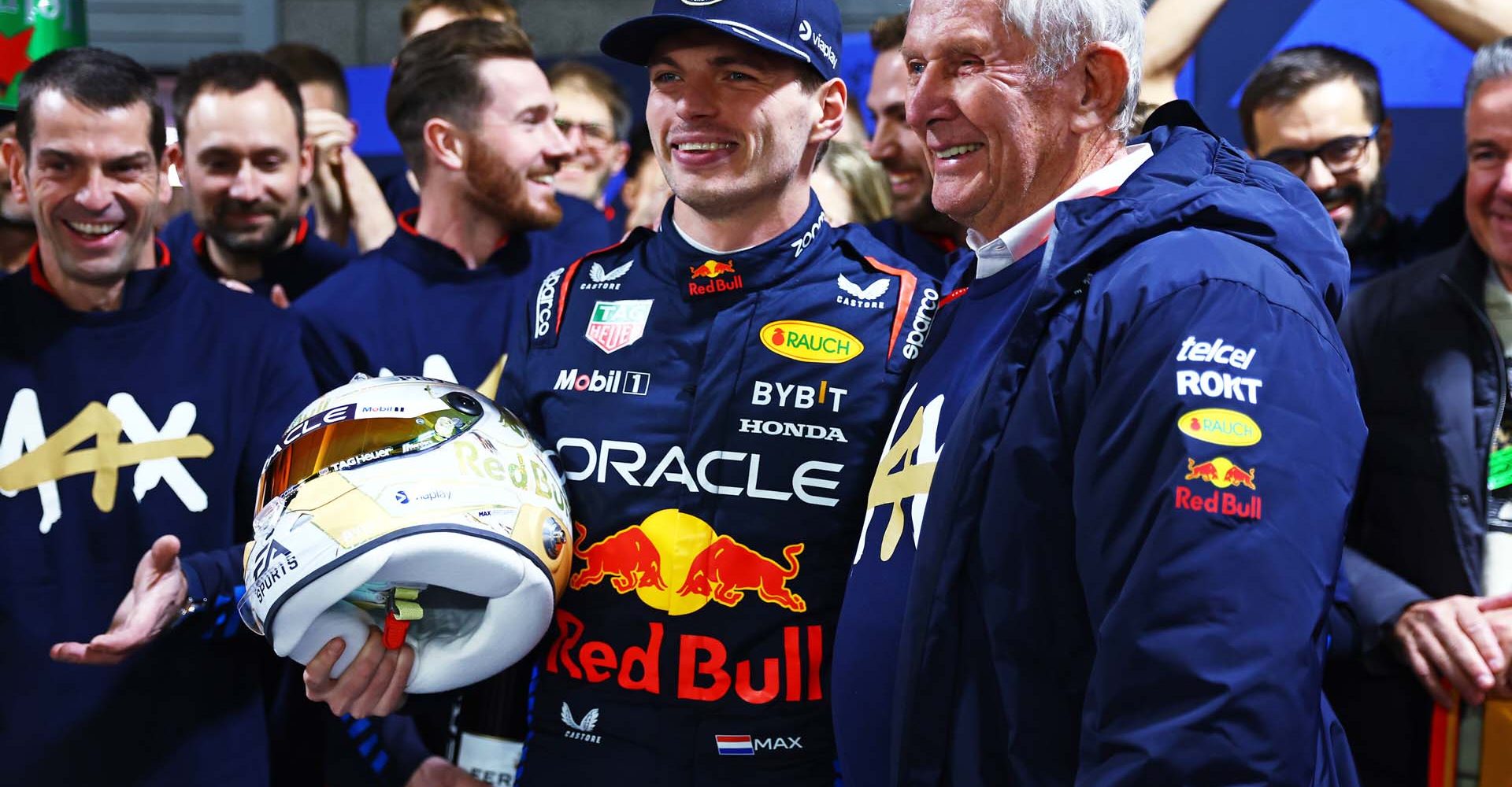 LAS VEGAS, NEVADA - NOVEMBER 23: 2024 F1 World Drivers Champion Max Verstappen of the Netherlands and Oracle Red Bull Racing celebrates with Oracle Red Bull Racing Team Consultant Dr Helmut Marko in the Paddock after the F1 Grand Prix of Las Vegas at Las Vegas Strip Circuit on November 23, 2024 in Las Vegas, Nevada. (Photo by Mark Thompson/Getty Images) // Getty Images / Red Bull Content Pool // SI202411240458 // Usage for editorial use only //