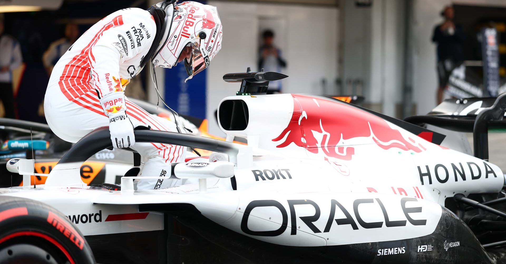 SUZUKA, JAPAN - APRIL 05: Pole position qualifier Max Verstappen of the Netherlands and Oracle Red Bull Racing arrives in parc ferme during qualifying ahead of the F1 Grand Prix of Japan at Suzuka Circuit on April 05, 2025 in Suzuka, Japan. (Photo by Mark Thompson/Getty Images) // Getty Images / Red Bull Content Pool // SI202504050225 // Usage for editorial use only //