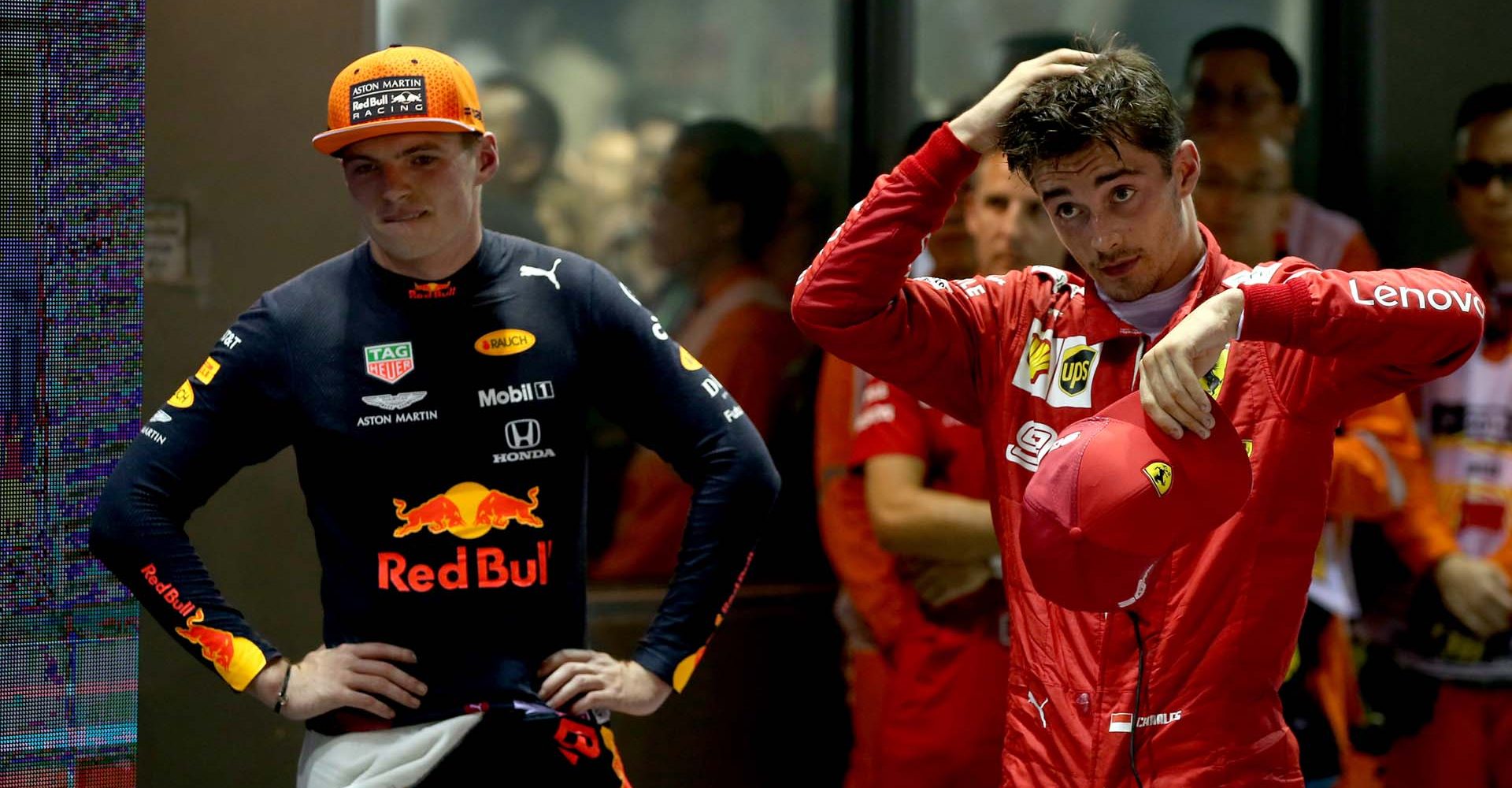 SINGAPORE, SINGAPORE - SEPTEMBER 22: Second placed Charles Leclerc of Monaco and Ferrari and third placed Max Verstappen of Netherlands and Red Bull Racing look on in parc ferme during the F1 Grand Prix of Singapore at Marina Bay Street Circuit on September 22, 2019 in Singapore. (Photo by Charles Coates/Getty Images) // Getty Images / Red Bull Content Pool  // AP-21NB1GD1H1W11 // Usage for editorial use only //