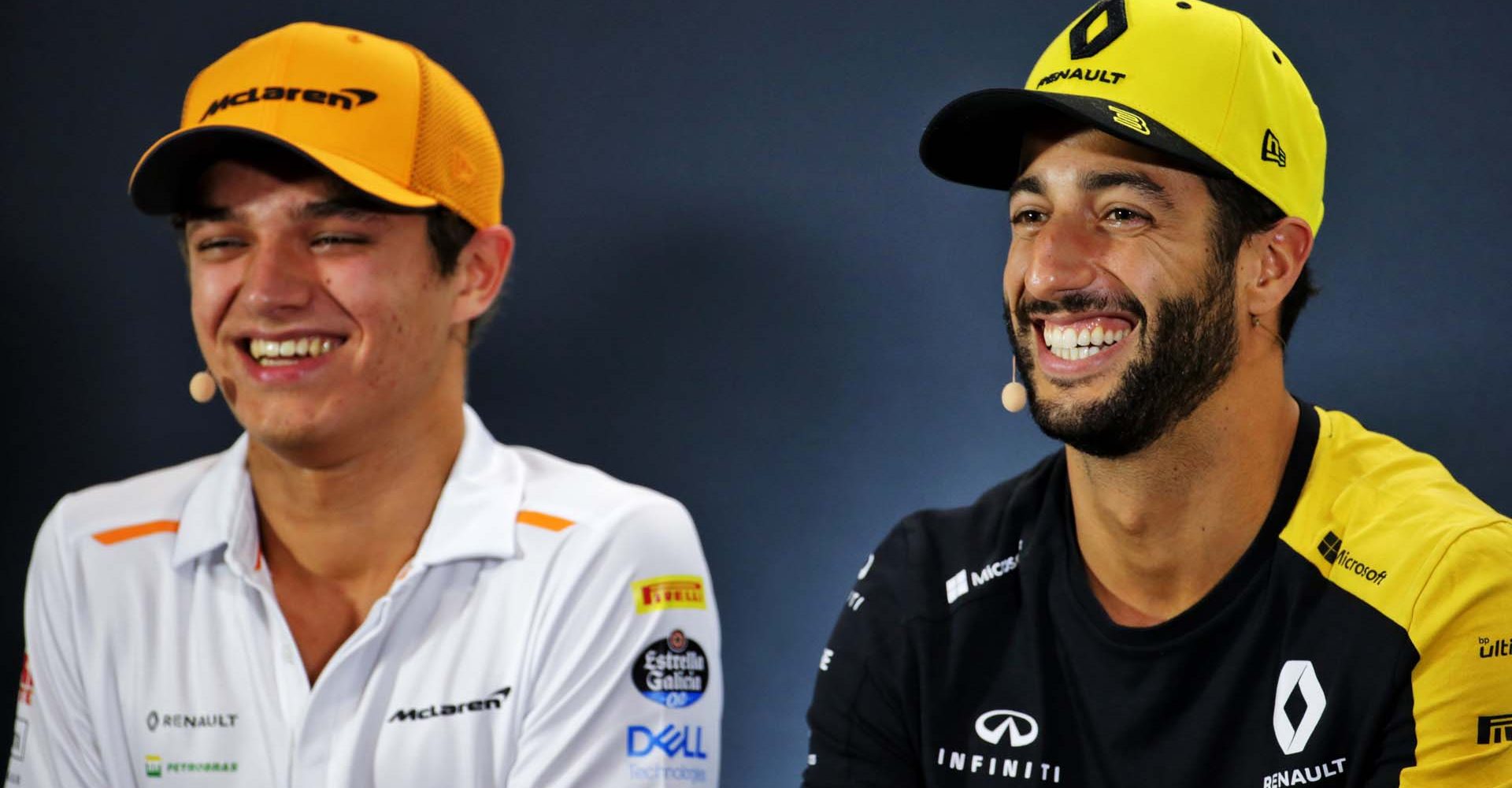 (L to R): Lando Norris (GBR) McLaren and Daniel Ricciardo (AUS) Renault F1 Team in the FIA Press Conference.
Singapore Grand Prix, Thursday 19th September 2019. Marina Bay Street Circuit, Singapore.