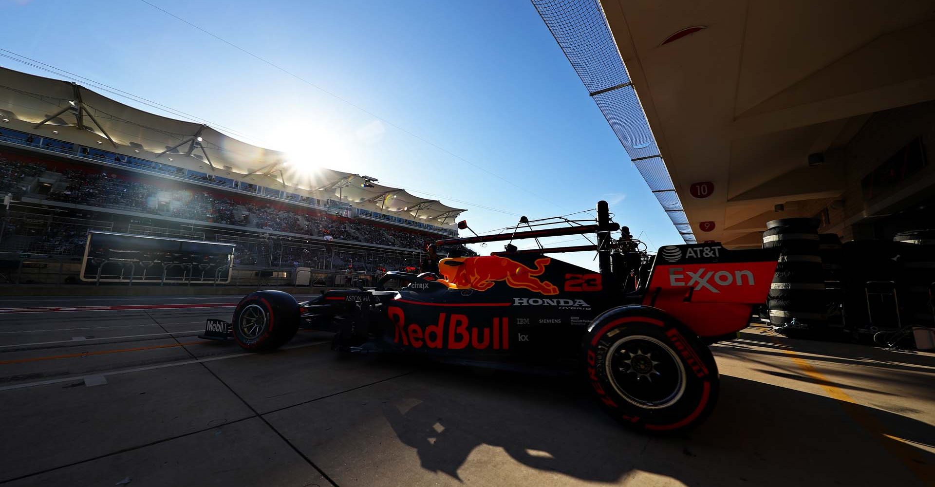 AUSTIN, TEXAS - NOVEMBER 02: Alexander Albon of Thailand driving the (23) Aston Martin Red Bull Racing RB15 leaves the garage during qualifying for the F1 Grand Prix of USA at Circuit of The Americas on November 02, 2019 in Austin, Texas. (Photo by Mark Thompson/Getty Images) // Getty Images / Red Bull Content Pool  // AP-222N91RSN1W11 // Usage for editorial use only //