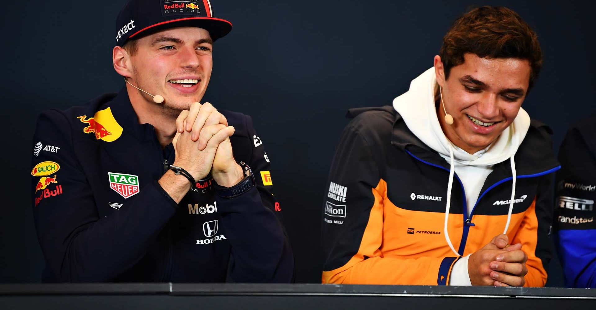 AUSTIN, TEXAS - OCTOBER 31: Max Verstappen of Netherlands and Red Bull Racing talks in the Drivers Press Conference with Lando Norris of Great Britain and McLaren F1 during previews ahead of the F1 Grand Prix of USA at Circuit of The Americas on October 31, 2019 in Austin, Texas. (Photo by Clive Mason/Getty Images) // Getty Images / Red Bull Content Pool  // AP-221XYU3GW1W11 // Usage for editorial use only //