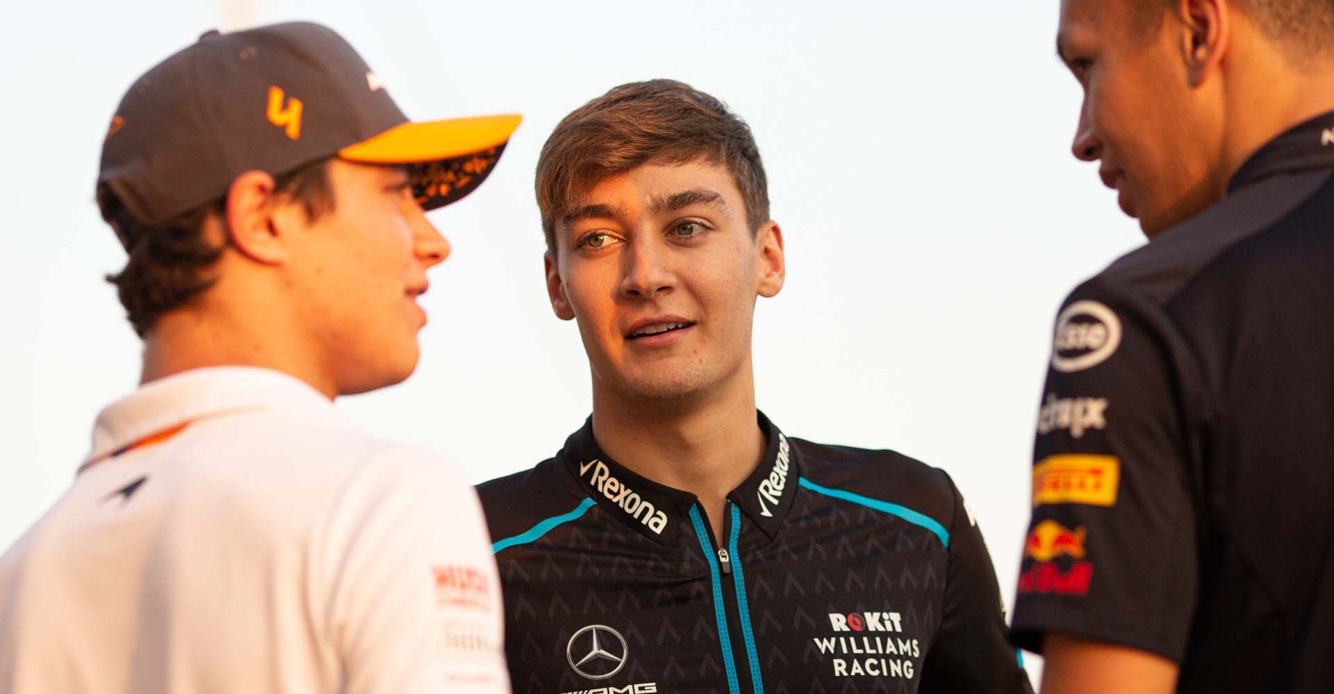 (L to R): Lando Norris (GBR) McLaren with Alexander Albon (THA) Red Bull Racing and George Russell (GBR) Williams Racing.
Abu Dhabi Grand Prix, Thursday 28th November 2019. Yas Marina Circuit, Abu Dhabi, UAE.