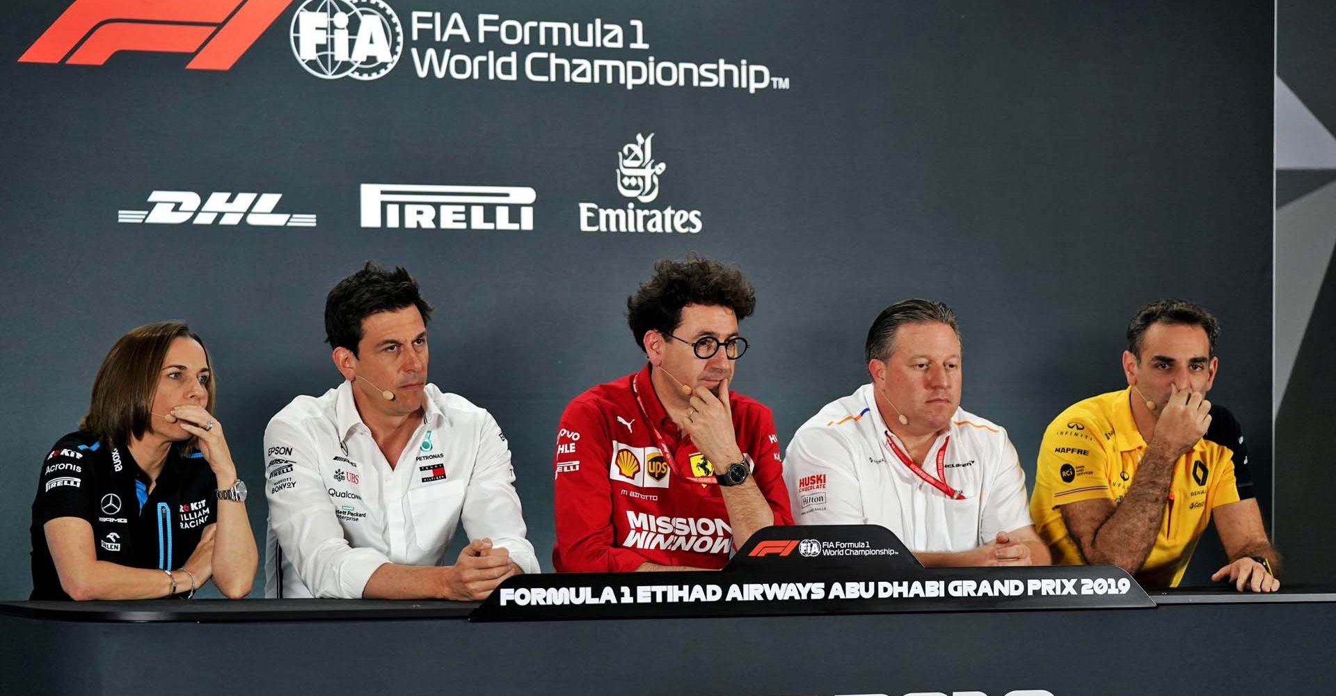 The FIA Press Conference (L to R): Claire Williams (GBR) Williams Racing Deputy Team Principal; Toto Wolff (GER) Mercedes AMG F1 Shareholder and Executive Director; Mattia Binotto (ITA) Ferrari Team Principal; Zak Brown (USA) McLaren Executive Director; Cyril Abiteboul (FRA) Renault Sport F1 Managing Director.                               
Abu Dhabi Grand Prix, Friday 29th November 2019. Yas Marina Circuit, Abu Dhabi, UAE.