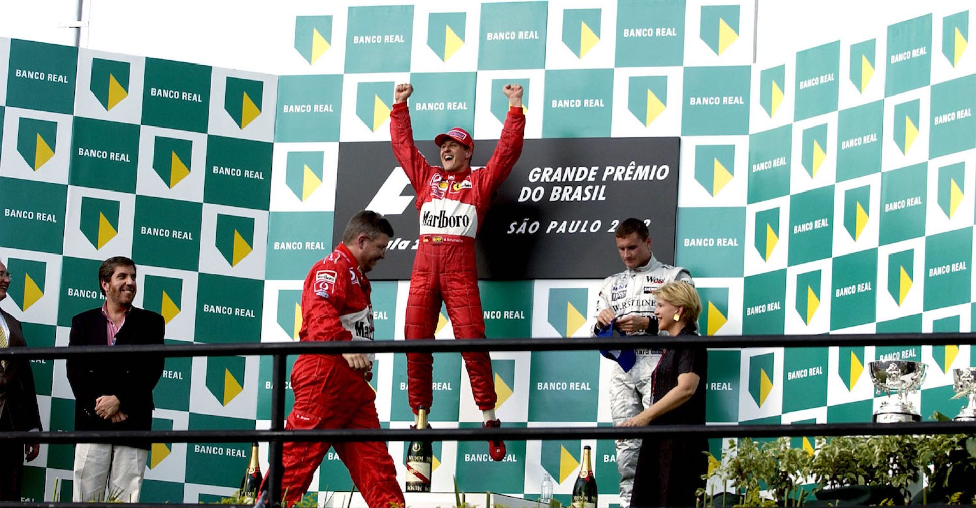 Michael Schumacher wins in Interlagos, Brazil, 2002, Ross Brawn David Coulthard