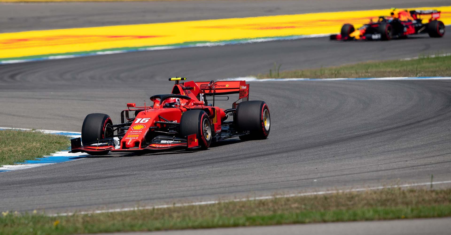 HOCKENHEIMRING, GERMANY - JULY 26: Charles Leclerc, Ferrari SF90, leads Pierre Gasly, Red Bull Racing RB15 during the German GP at Hockenheimring on July 26, 2019 in Hockenheimring, Germany. (Photo by Jerry Andre / LAT Images)