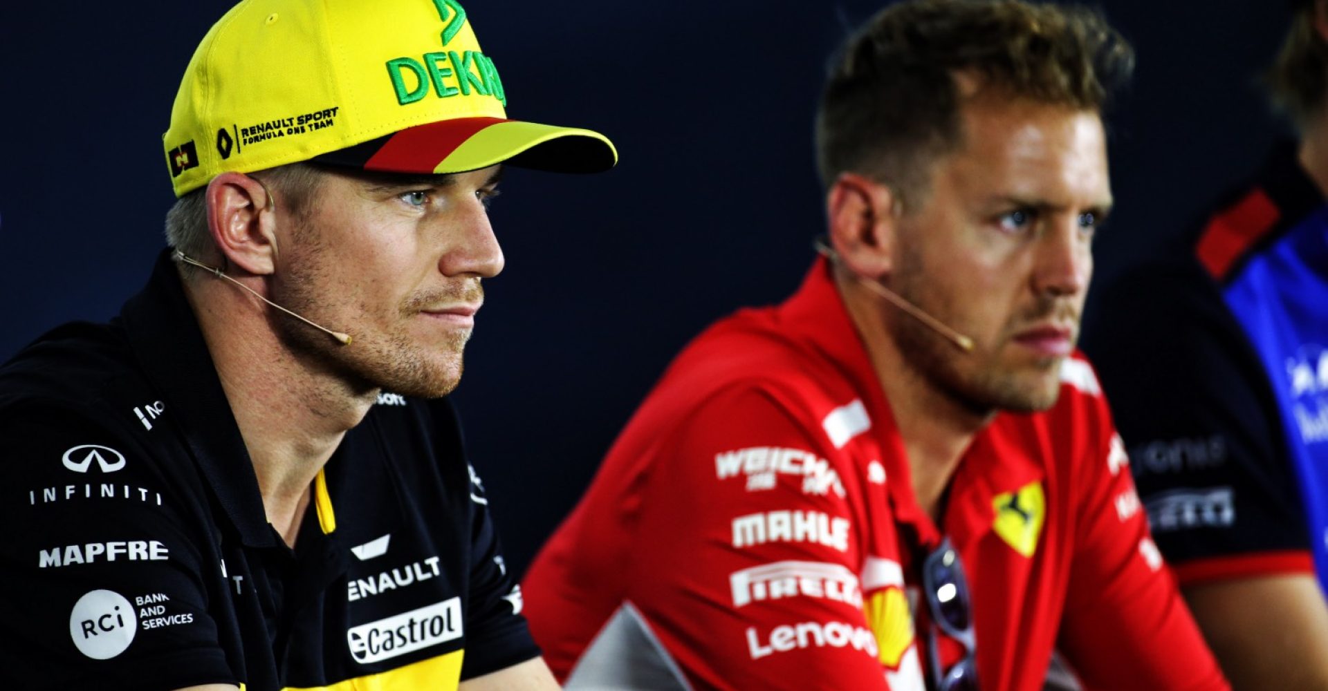 (L to R): Nico Hülkenberg (GER) Renault Sport F1 Team and Sebastian Vettel (GER) Ferrari in the FIA Press Conference.
German Grand Prix, Thursday 19th July 2018. Hockenheim, Germany.