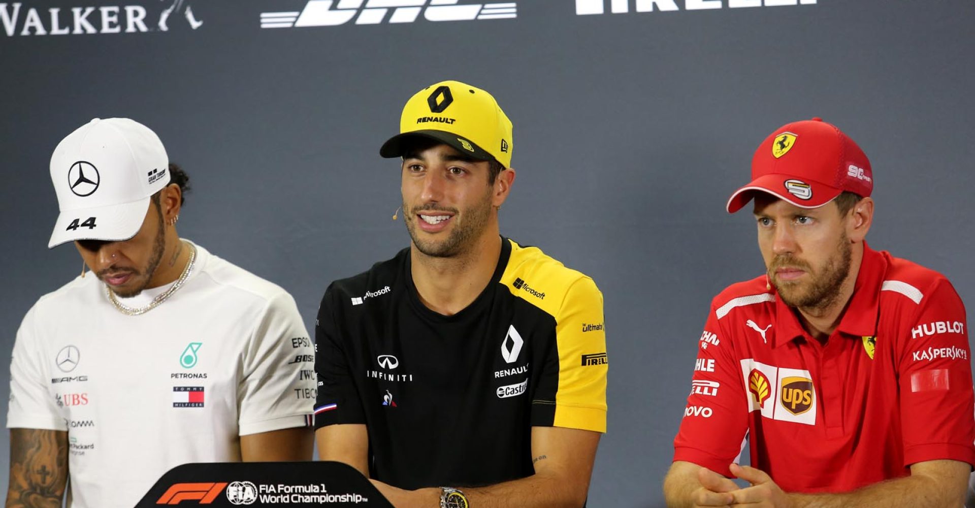 (L to R): Lewis Hamilton (GBR) Mercedes AMG F1; Daniel Ricciardo (AUS) Renault F1 Team; Sebastian Vettel (GER) Ferrari, in the FIA Press Conference.
Australian Grand Prix, Thursday 14th March 2019. Albert Park, Melbourne, Australia.