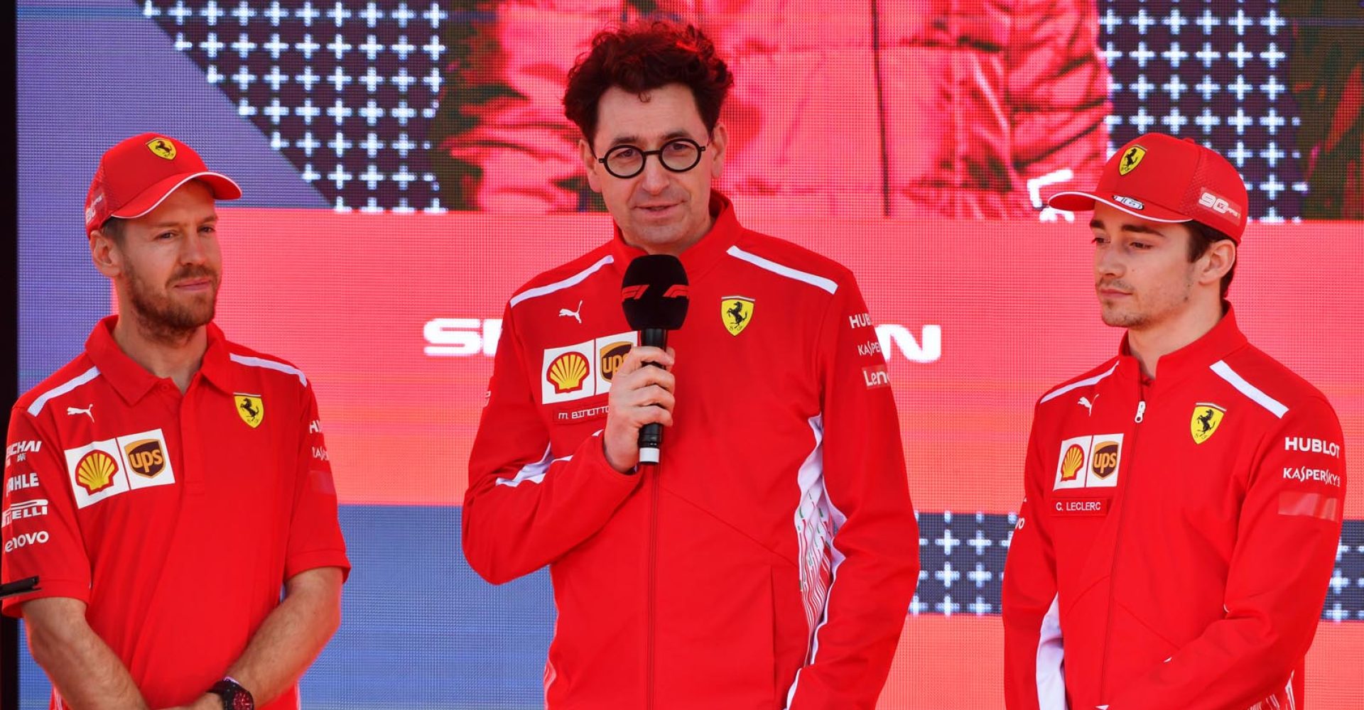 MELBOURNE GRAND PRIX CIRCUIT, AUSTRALIA - MARCH 13: Sebastian Vettel, Ferrari, Mattia Binotto, Team Principal Ferrari, and Charles Leclerc, Ferrari, at the Federation Square event during the Australian GP at Melbourne Grand Prix Circuit on March 13, 2019 in Melbourne Grand Prix Circuit, Australia. (Photo by Mark Sutton / Sutton Images)